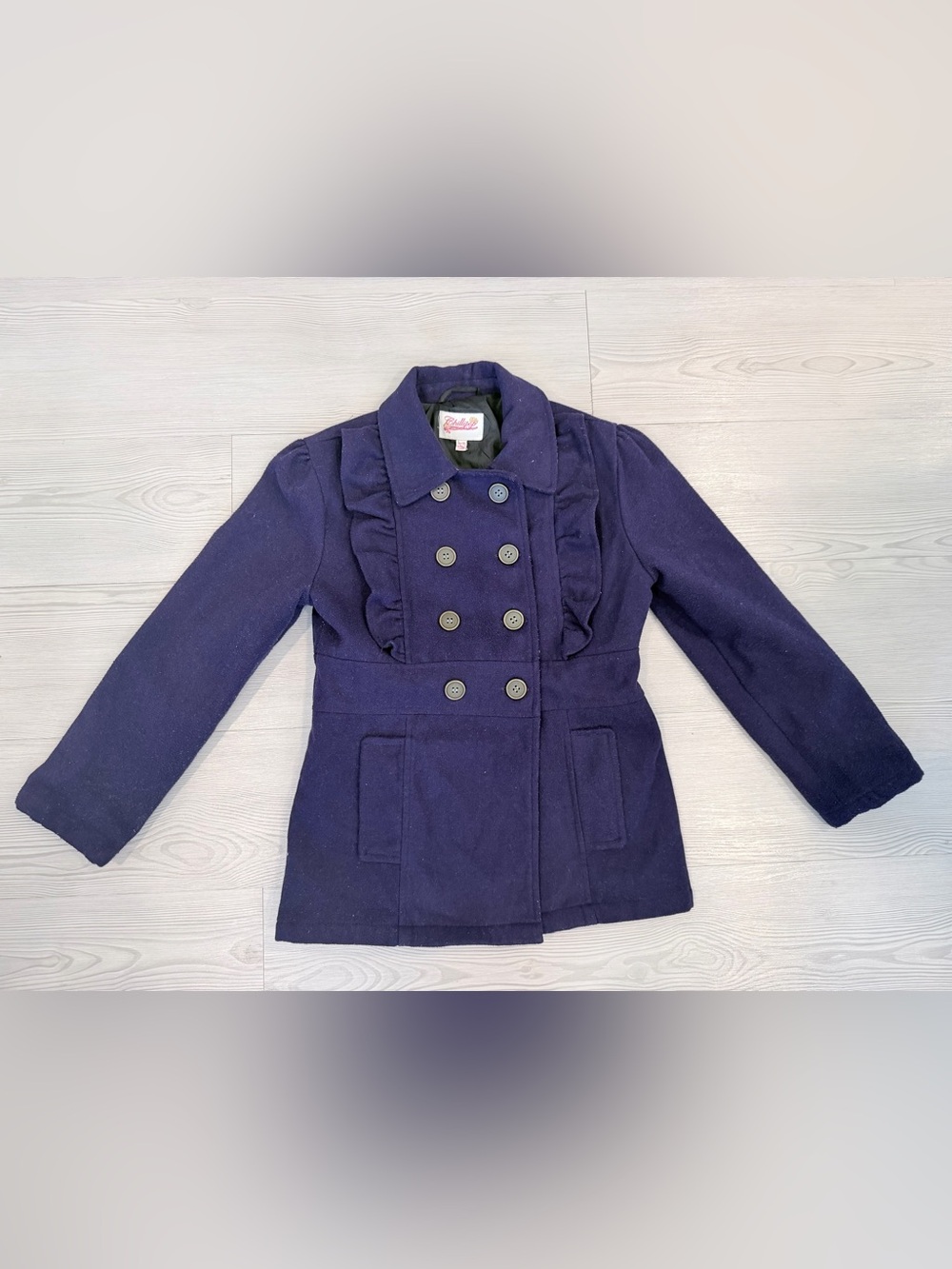 Navy Double-Breasted Ruffle Peacoat